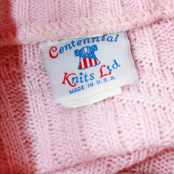 VTG 80s Baby Pink/Metallic Silver Acrylic Ribbed Mock Neck Chunky Knit Sweater - Picture 7 of 10